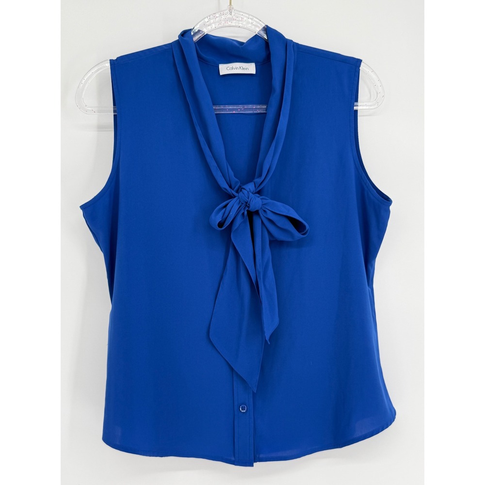 Calvin Klein Womens Cobalt Blue Tie Neck Sleeveless Button Down Blouse Top Sz S